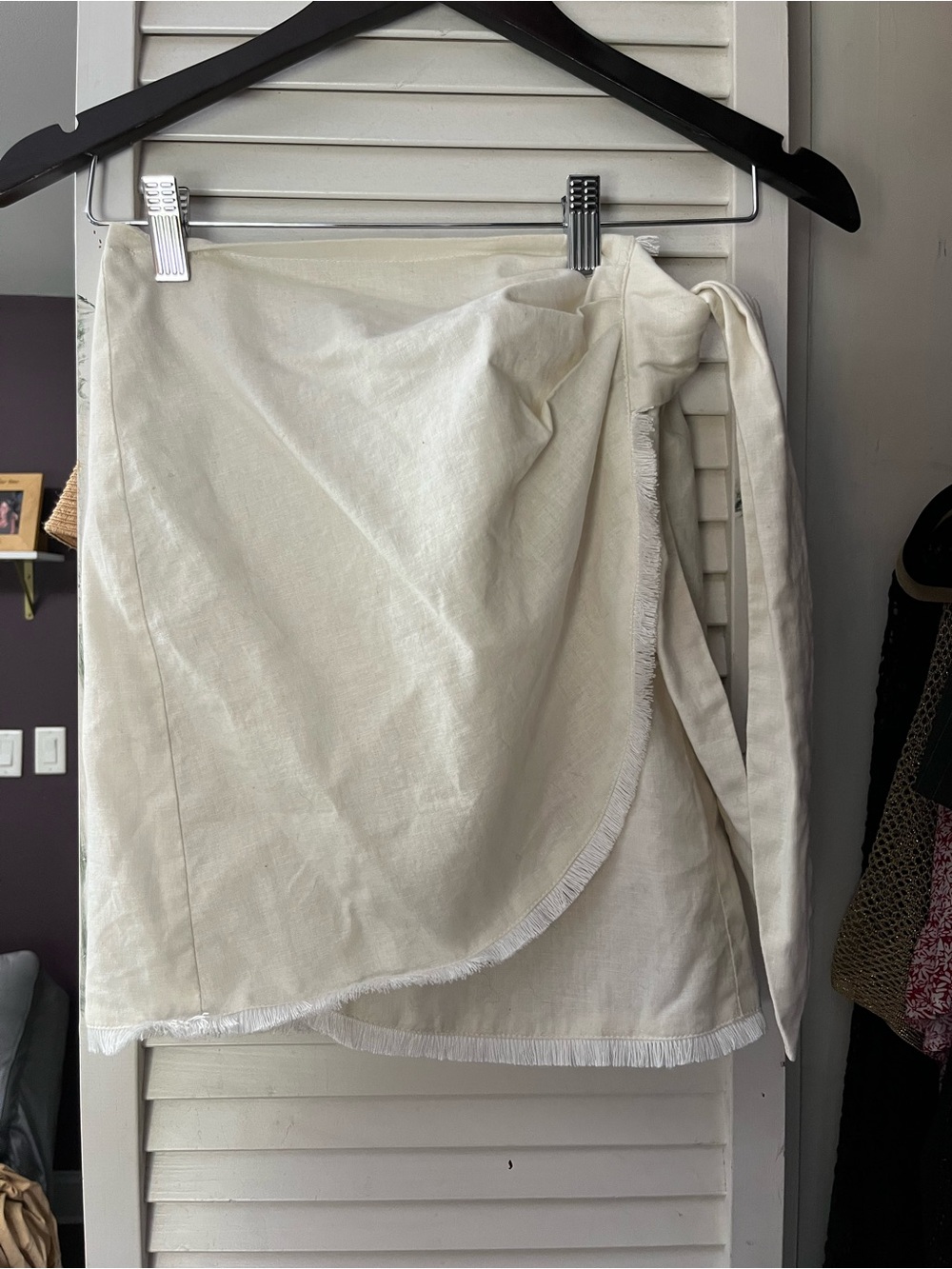 Cream Tie-Waist Mini Skirt with Fringe Trim
